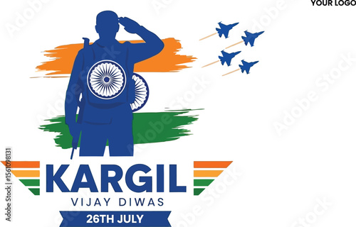 Kargil vijay diwas poster with soldier silhouette, indian flag, and fighter jets on white background