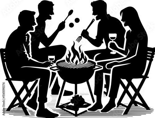 Friends gathering around barbecue grill enjoying food and drinks  