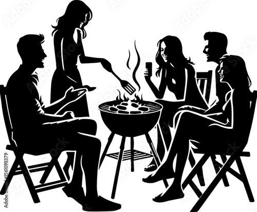 Group of friends having barbecue outdoors around a grill  