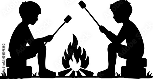 Two boys roasting marshmallows over campfire silhouette  