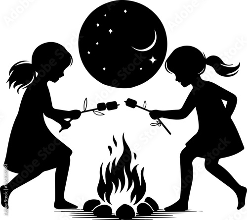 Two girls roasting marshmallows by campfire under starry night  