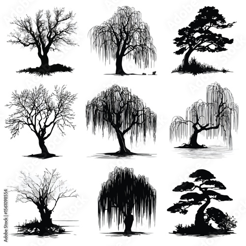 willow tree silhouette set, Black & White silhouette set 
