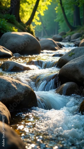 Smooth, rounded river rocks tumbling in a sparkling stream, sunlight dappling the water's surface Nature's artistry on display in a tranquil scene , landscape, erosion, rapids