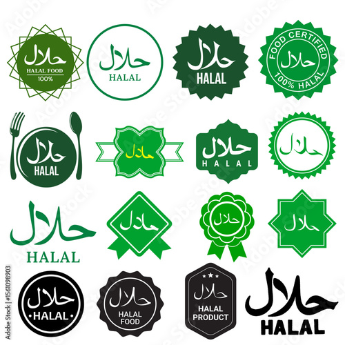 Halal Sign Icons.Halal food symbols.100% halal certified badge symbol design.Halal food label icons.Food Product dietary label vector.Big set of halal labels.