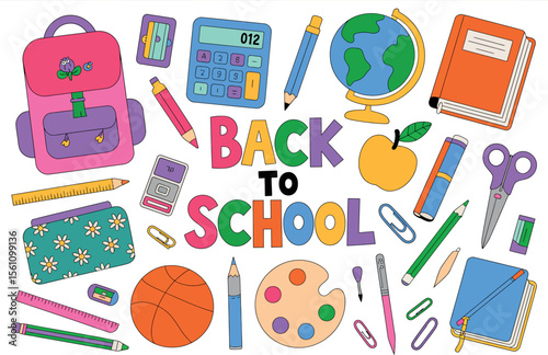 A vibrant back to school illustration featuring various school supplies and the words back to school


