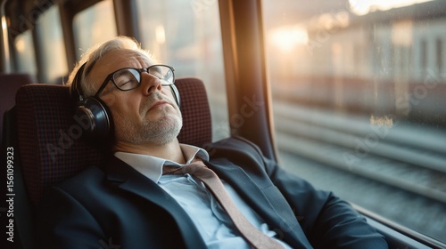 Senior businessman relaxing during train journey with headphones on