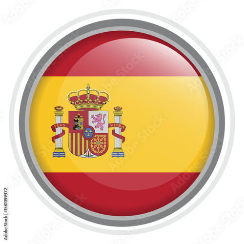Spain Flag Button Icon Glossy Round National Emblem Vector Illustration