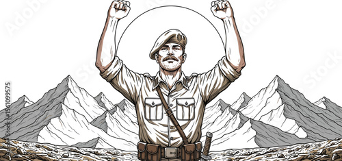 Illustration of soldier with raised fists standing before mountains and a bright sun behind him