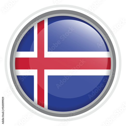 Iceland Flag Button Icon Glossy Round National Emblem Vector Illustration
