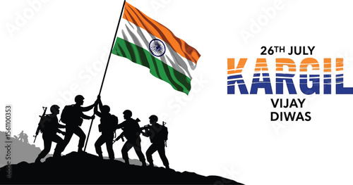 Soldiers raising indian flag on kargil vijay diwas with text on white background illustration