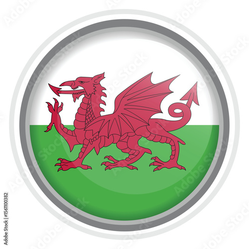Wales Flag Button Icon Glossy Round National Emblem Vector Illustration