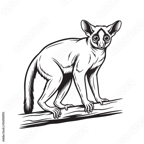 A captivating black and white vector illustration of a galago (bushbaby) perched on a branch. Wildlife Animals.