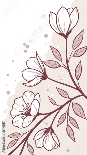 Elegant floral illustration featuring magnolia flowers and delicate leaf detailing