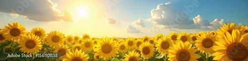 A vibrant sunbeam illuminates a field of blooming sunflowers, radiating joy and warmth Perfect for illustrating themes of optimism, well-being, and summer cheer , sunshine yellow, peaceful