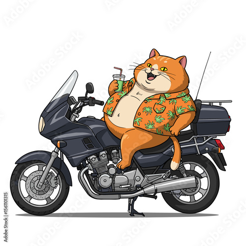 A cartoon cat wearing a tropical shirt sits on a motorcycle while sipping a drink, looking relaxed and cool.