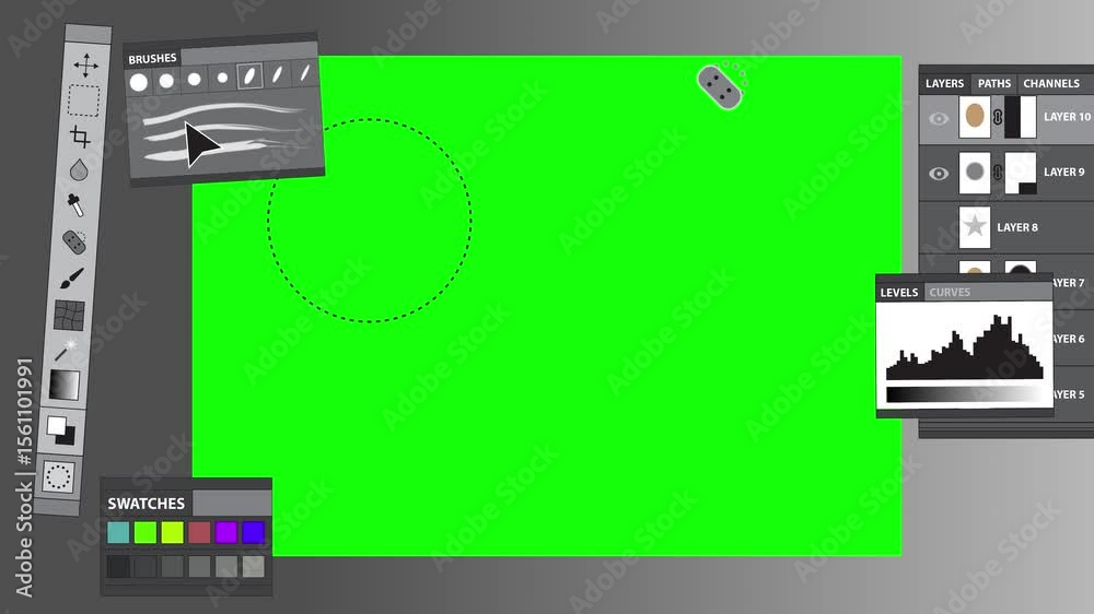 Photo editing or retouching software interface animation with tools, swatches, and panels. Dynamic green screen chroma key template