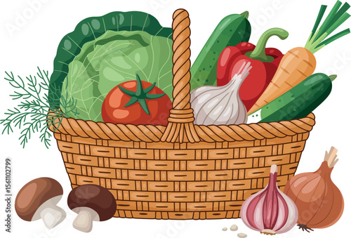 A wicker basket filled with fresh vegetables including cabbage tomato and other garden produce items


