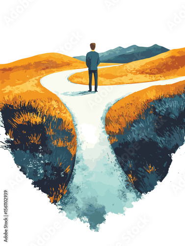 A Man at a Crossroads Choosing Between Diverging Paths and Making Life Decisions, vector style simple color
