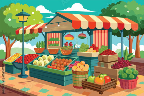 Vibrant Farmers Market Fresh Produce, Sunny Day, Community Gathering