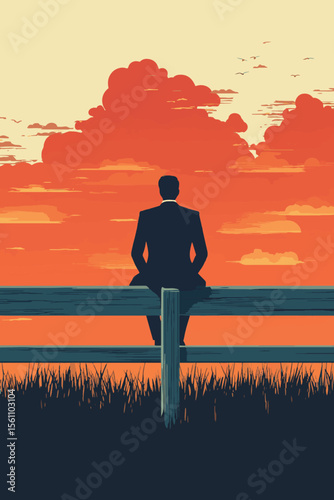 Man sitting on the fence Vector artwork concept of undecided, indecisive, thinking, doubt, uncertain, and choosing options between two alternatives