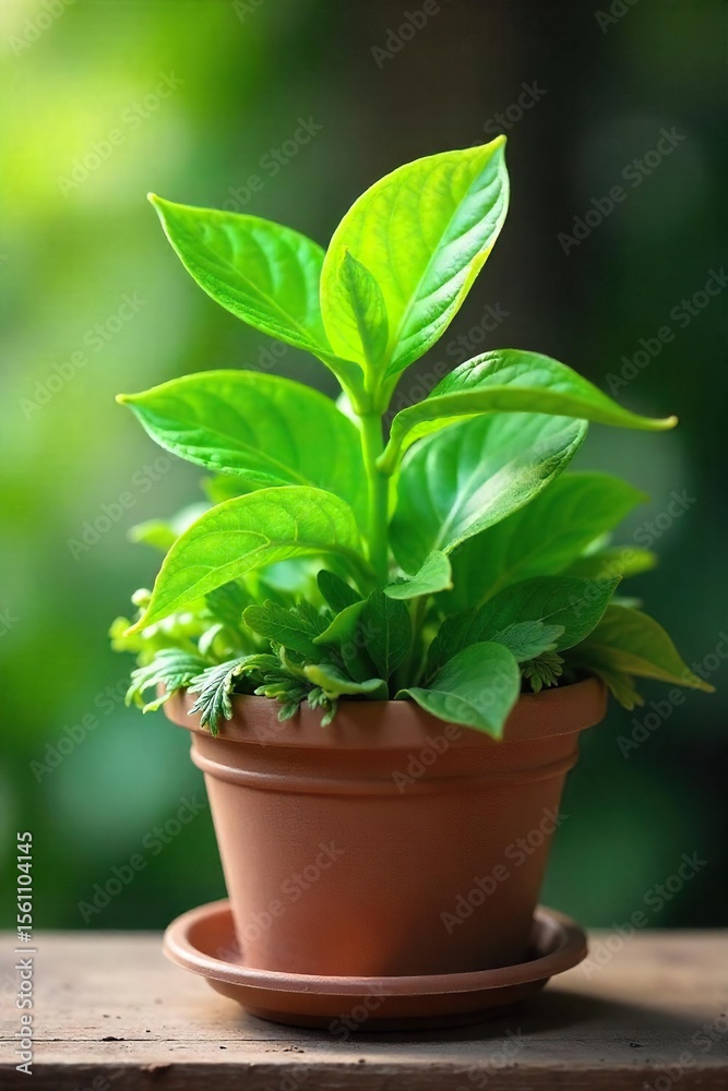 Fototapeta premium Lush Green Spring Leaves Sprouting in Charming Flower Pot, Refreshing Nature Scene for Home Decor, Blogs, Websites