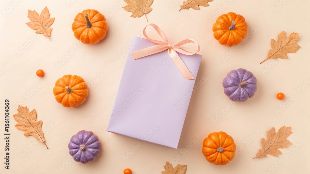 Fototapeta premium Autumn gift mockup with pumpkins and dried leaves on beige background