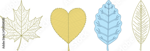Four different colored leaves arranged in a row on a light background