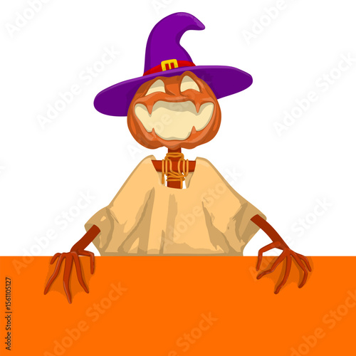 Halloween Scarecrow Lantern Jack pumpkin funny and cute. One of the symbols of the autumn holiday. Vector illustration.