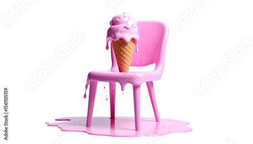 A glossy pink plastic chair melting like ice cream, surreal aesthetic, transparent background.