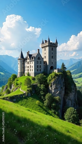 Majestic stone castle stands proudly on a sprawling, verdant land, surrounded by rolling hills and a clear blue sky A timeless scene of architectural grandeur and natural beauty , landscape, fantasy