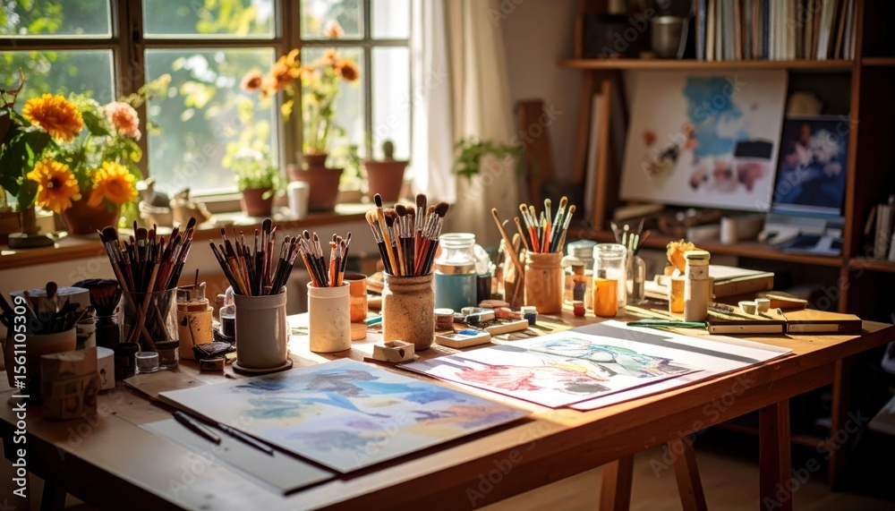 Fototapeta premium Cozy artist's studio with sunlight