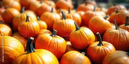 A large pile of pumpkins of varying sizes and shades of orange, some with visible stems, sit outdoors on a sunny day Perfect for autumn, fall, harvest, and Thanksgiving themes , gourds, pile