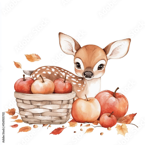 Adorable Spotted Fawn with Autumn Apples in Basket