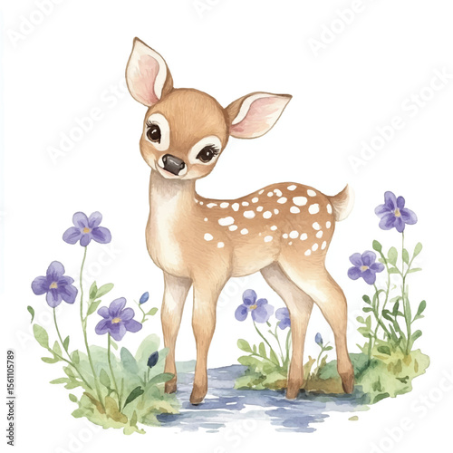 Adorable Spotted Fawn Amidst Purple Flowers by a Stream