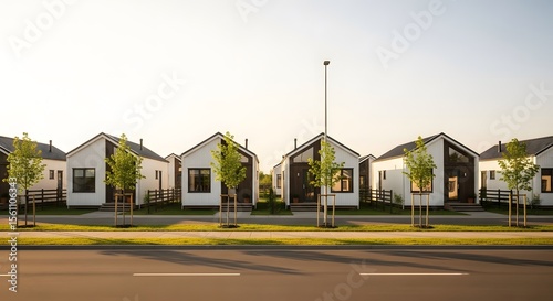 Fototapeta Naklejka Na Ścianę i Meble -  Row of modern houses with white facades and black accents under a clear sky next to a street with small trees