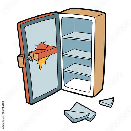 An opened empty broken fridge with cracked shelves, rust stains, and a dangling door, standing alone, cold air leaking out, abandoned in a dim corner.
