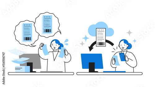 DX デジタルトランスフォーメーションを推進する社会のイラスト　スマホ撮影でレシート自動処理