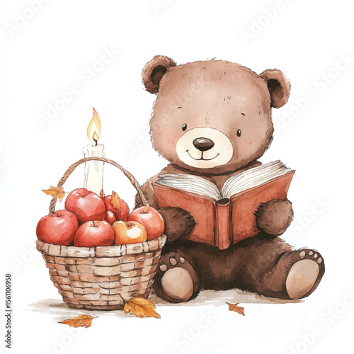 Adorable Teddy Bear Reading Book Beside Apples and Lit Candle in Watercolor Style