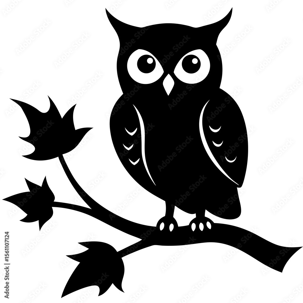 Fototapeta premium Owl on autumn tree branch silhouette vector illustration