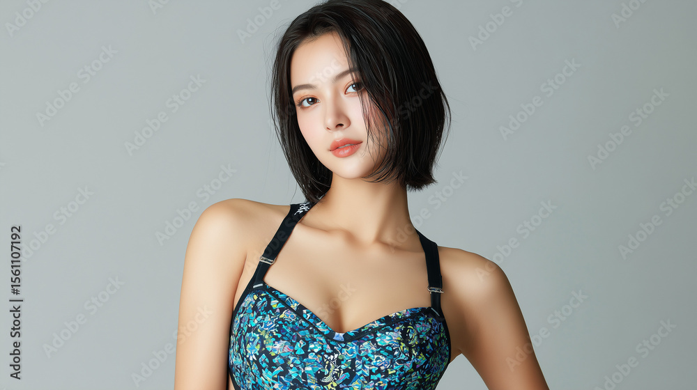 Fototapeta premium 美女, 女性, 美しい, 顔, モデル, 日本, 韓国, 中国, アジア, カフェ,女性、プール、夏、ビキニ、美しさ、水泳