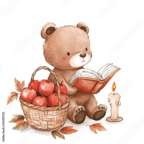 Adorable Teddy Bear Reading Book Beside Basket of Apples and Candle