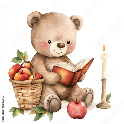 Adorable Teddy Bear Reading Book by Candlelight with Apples