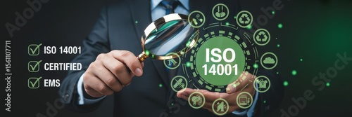 Businessman holding a magnifying glass over iso 14001 environmental management system.