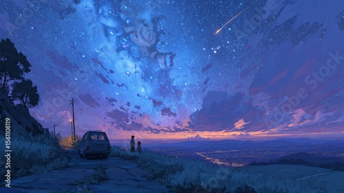 Serene Night Sky with Stars and Comet Over a Scenic Landscape