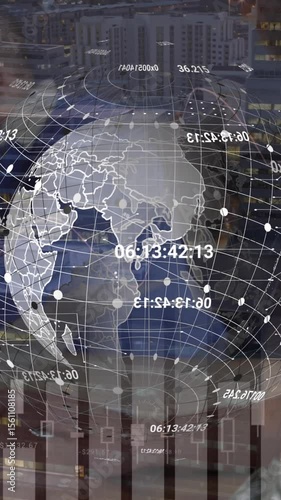 Animation of globe and financial data processing over warehouse