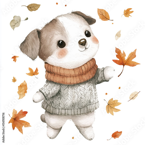 Adorable Puppy in Autumn Sweater Amidst Falling Leaves