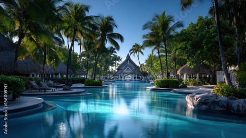 Wallpaper Mural Tropical resort pool area at dawn Torontodigital.ca