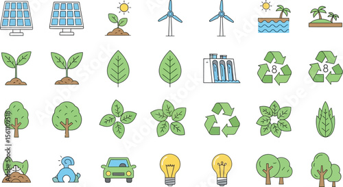 Illustration of various environmental and sustainable energy icons set