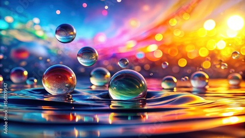 Vibrant Spheres Dancing on a Colorful Liquid Surface, Reflecting a Spectacle of Light and Hues