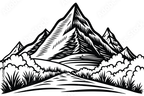 Majestic Mountain Peak Black and White Landscape Illustration